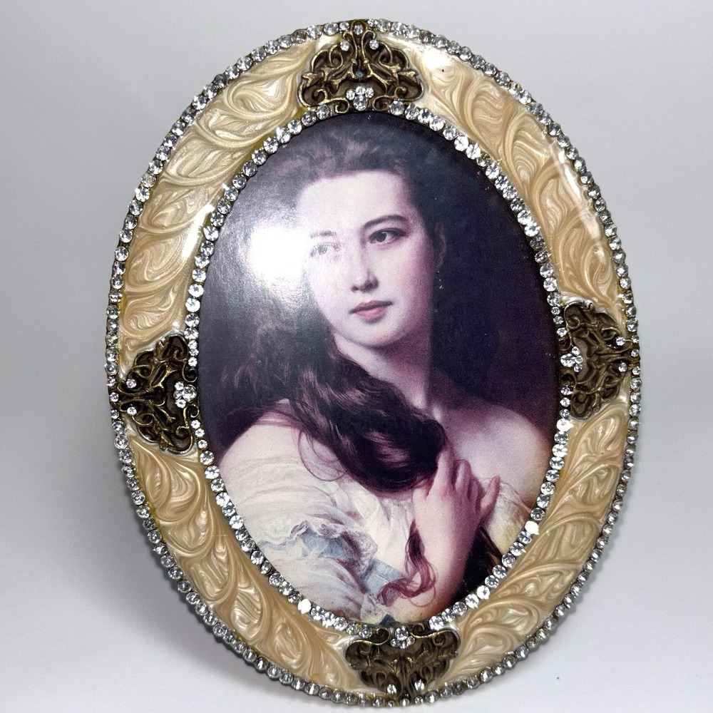 Vintage Metal Enamel Oval Picture Frame Rhinestones Ornate Design Home Decor 6”